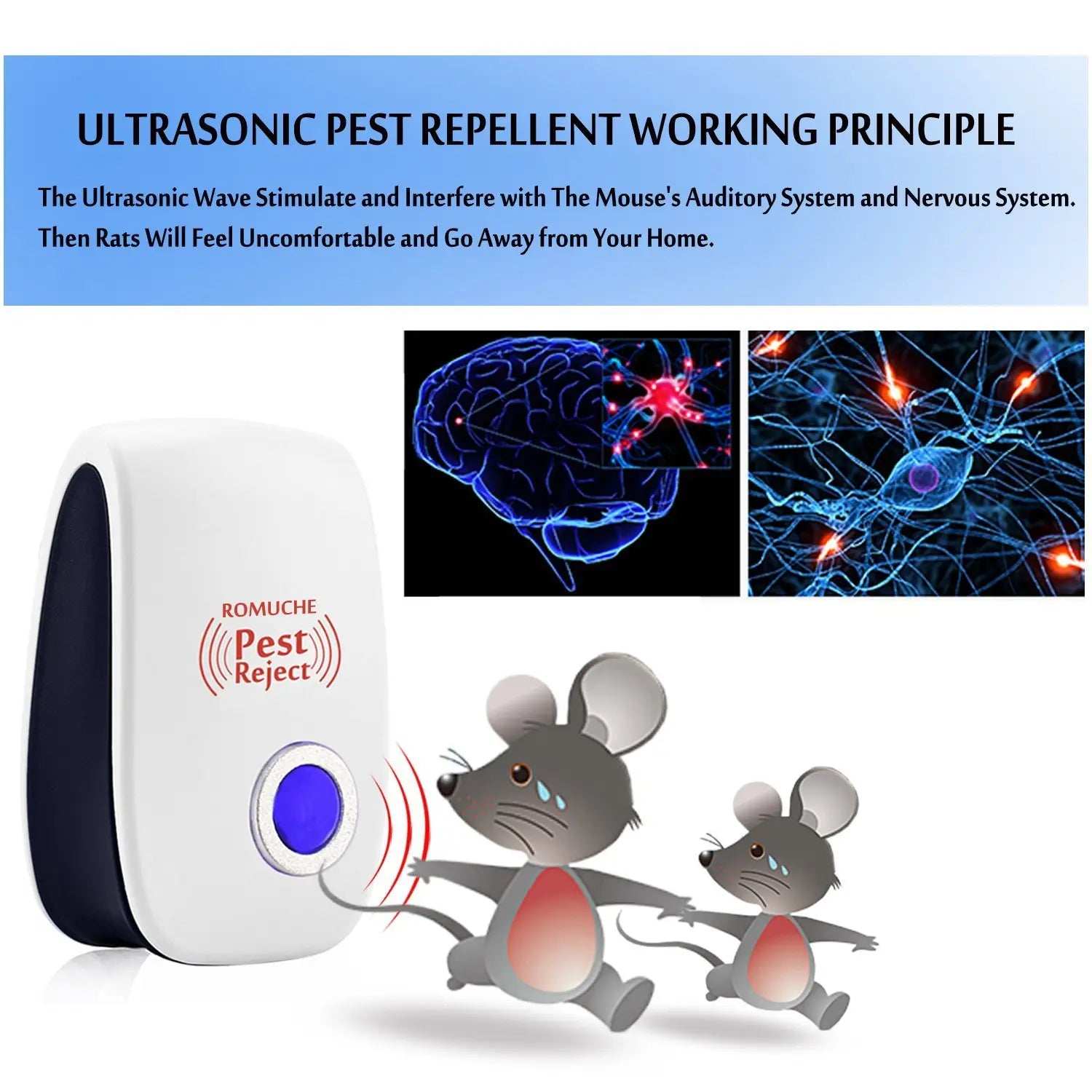 White and black Romuche pest reject direct selling ultrasonic electronic mosquito repeller device with a blue circular button.