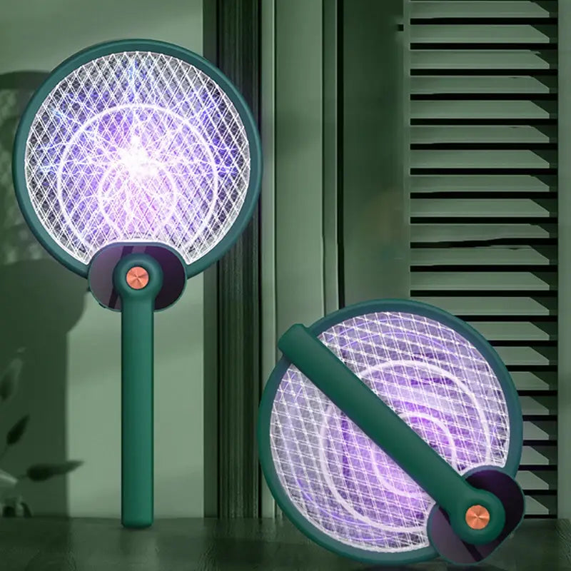 Teal-colored electric mosquito swatter with glowing purple grid and orange accent button featuring mosquito trap mode for effective insect control.