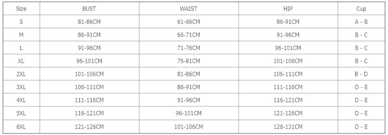 Size chart for a women’s pop art vintage abstract print lady swimsuit displaying bust waist hip and cup size measurements in centimeters.