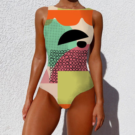 One-piece Fashion Vintage Abstract Print Lady Swimsuit Women Sleeveless Round Neck Bikini Swimwear Summer Push Up Swimsuit - Royalessencelux