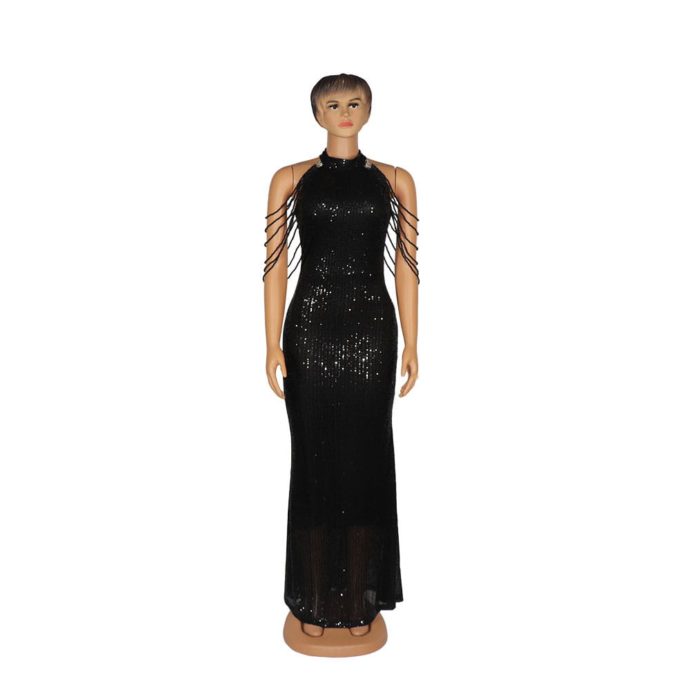 Black sequined halter-neck gown with sheer beaded arm straps showcasing african ladies quality high stretch design.