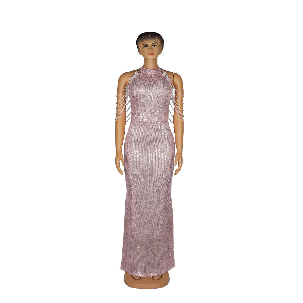 a shimmering pink sequined gown with a high neckline and delicate shoulder straps featuring african ladies quality high stretch material for a quality high stretch fit