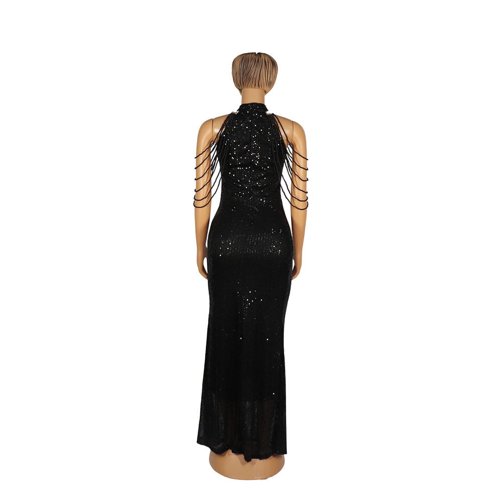 black sequined halter-neck gown with delicate beaded straps showcasing african ladies quality high stretch material for a stylish and elegant look