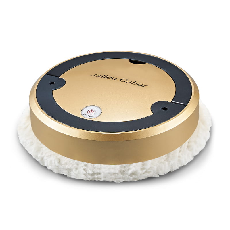 silver white intelligent automatic sweeping robot featuring a gold-colored circular floor polisher with a black central ring, white fluffy cleaning pad, and jallen gabor branding on top