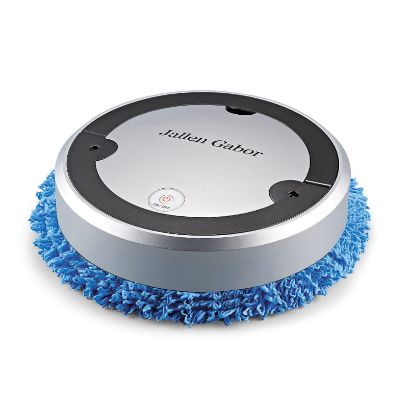 silver and black circular intelligent automatic sweeping robot with blue microfiber cleaning pad for efficient floor cleaning