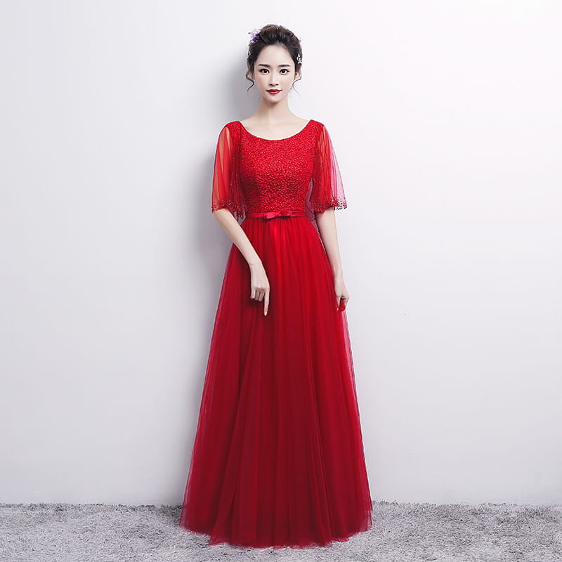 A vibrant red banquet evening dress female with a lace bodice, sheer mesh sleeves, and a flowing tulle skirt suitable for dress female spring occasions.