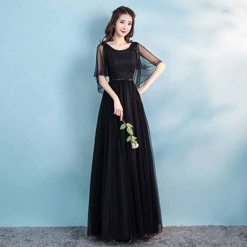 Black lace and white tulle banquet evening dress with sheer sleeves designed as an elegant evening dress female for spring events.