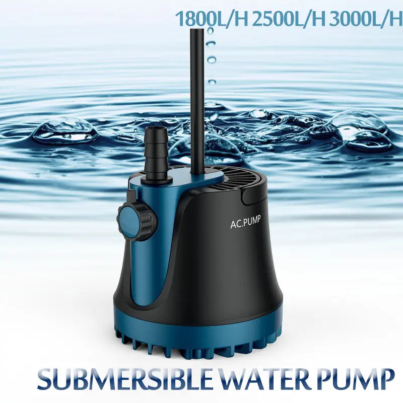 Silent home submersible water pump in blue and black with a vertical outlet pipe and control knob for efficient water pump submersible use.
