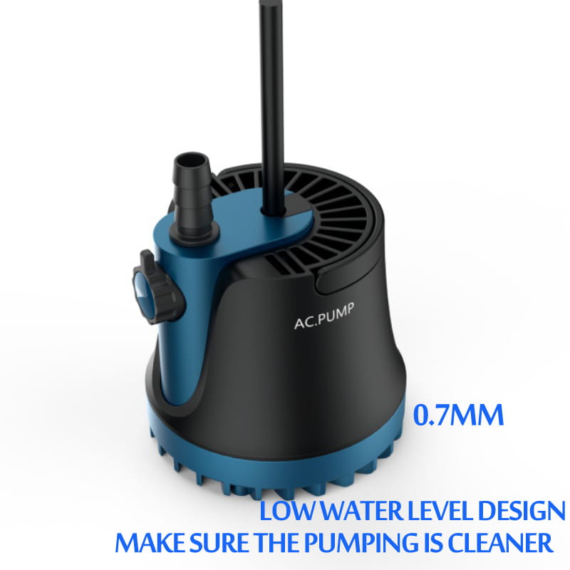 Silent home submersible water pump in black and blue with a ribbed base, vertical outlet pipe, and side-mounted control knob for efficient water pump submersible use.