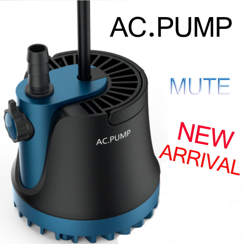 Black and blue home submersible water pump with a ribbed base, side inlet port, and adjustable control knob for silent operation.