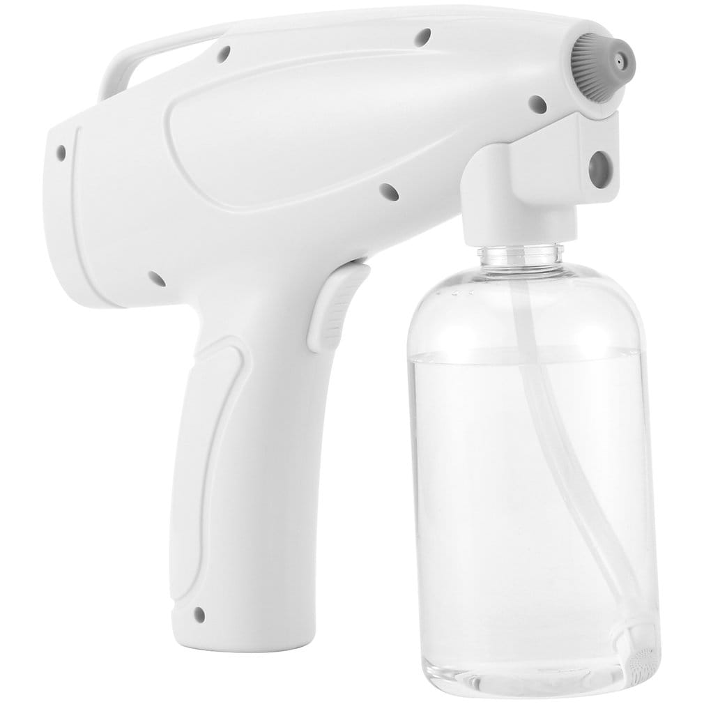 white plastic wireless electric sprayer disinfection gun with clear glass bottle attached for efficient sanitizing