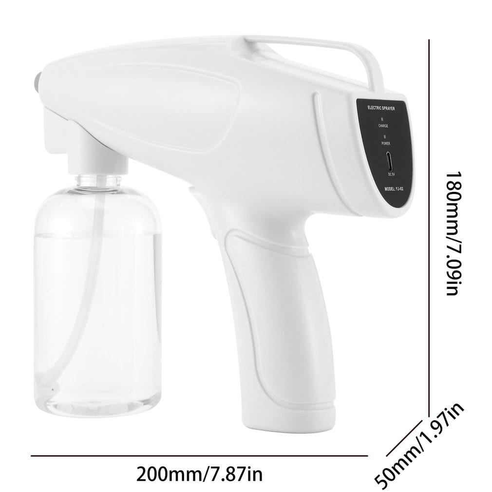 White wireless electric sprayer disinfection gun with a clear liquid reservoir and black control panel for efficient electric sprayer use.