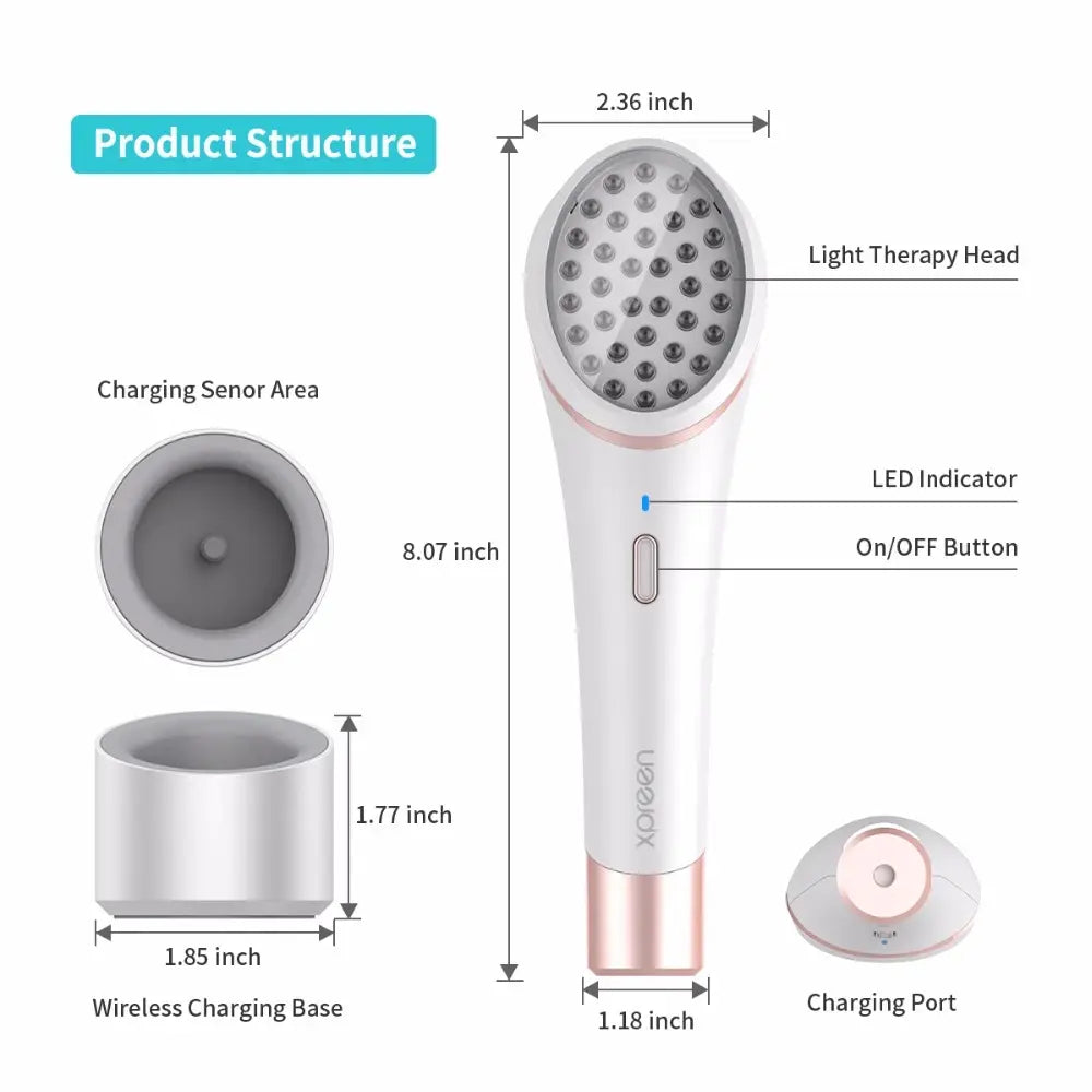 Xpreen wireless blue light acne therapy device in white and rose gold with a circular head featuring multiple led bulbs for effective light therapy.