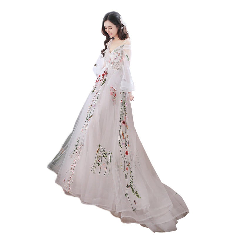 a flowing off-the-shoulder retro bridal gown in sheer gray tulle featuring delicate red floral embroidery and green vines along the sides, designed as a wedding dress and bridal gown super.
