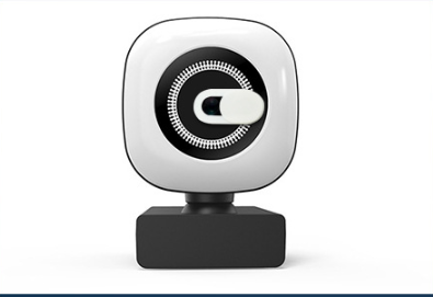 White and black computer camera model 4k live features a circular design with concentric rings around the lens for live broadcast beauty applications.