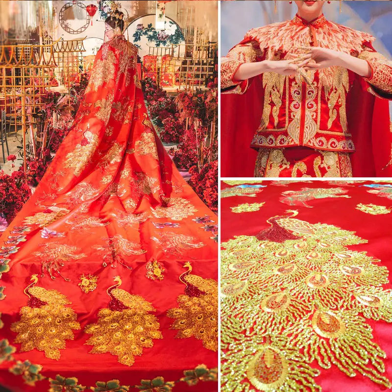 red ancient xiuhe dress featuring intricate gold peacock embroidery and a flowing train with big cloak visible from the back side