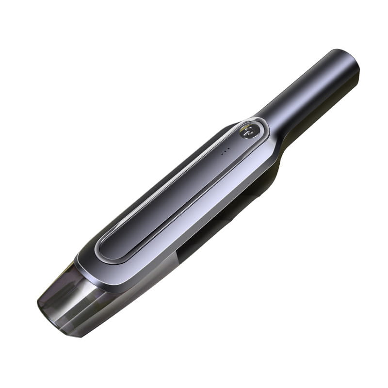 A sleek gray and black cordless handheld vacuum cleaner with a matte black and silver ergonomic suction head and modern design.
