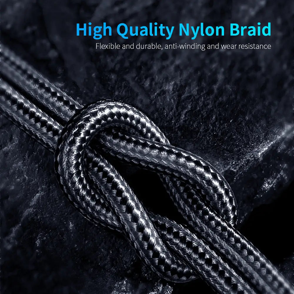 Black high-quality nylon braided 360 magnetic USB C cable with a textured design for convenient charging of Apple iOS and Android micro devices.