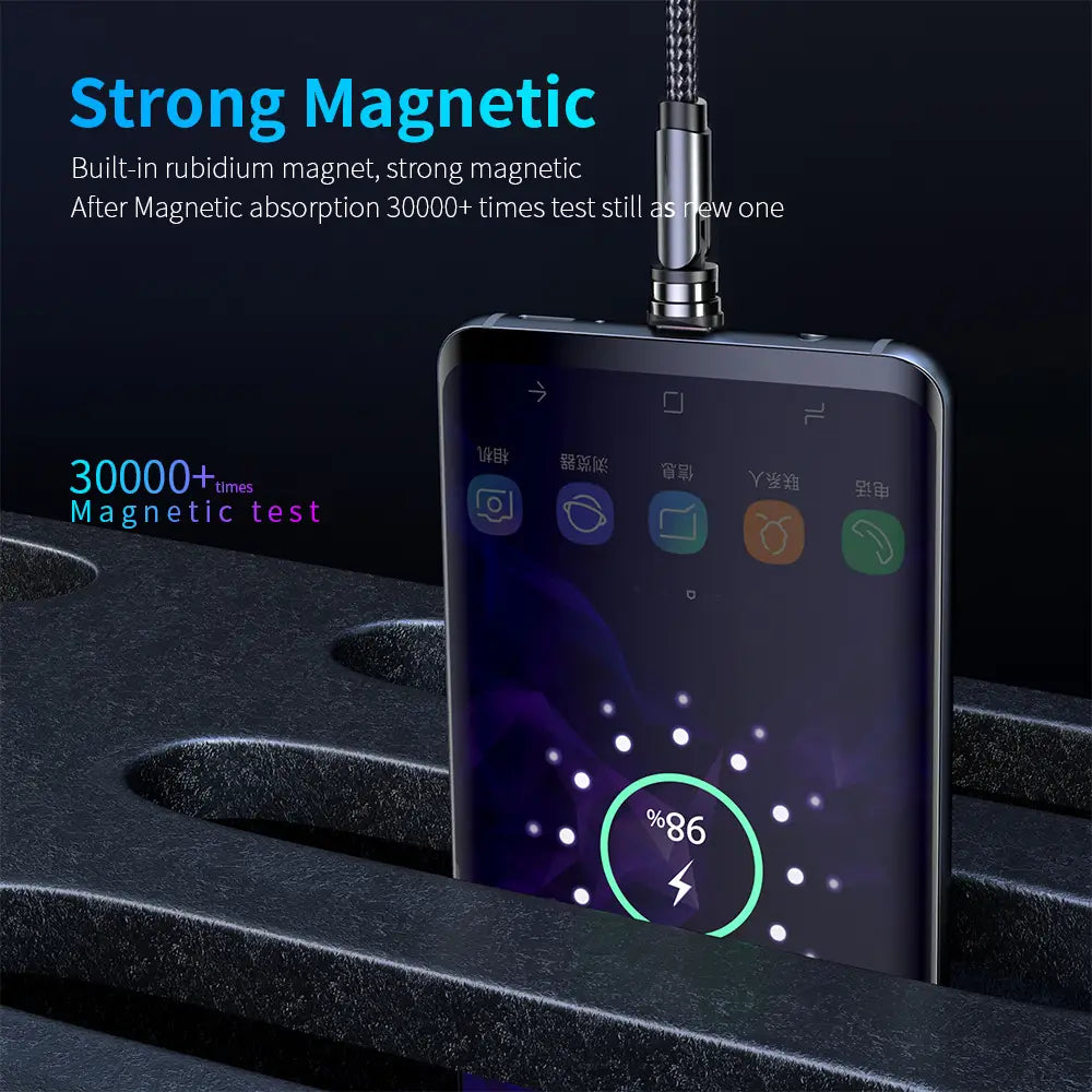 A sleek silver 360 magnetic usb c cable with a braided cable and metallic connector for convenient charging of apple ios and android micro devices.