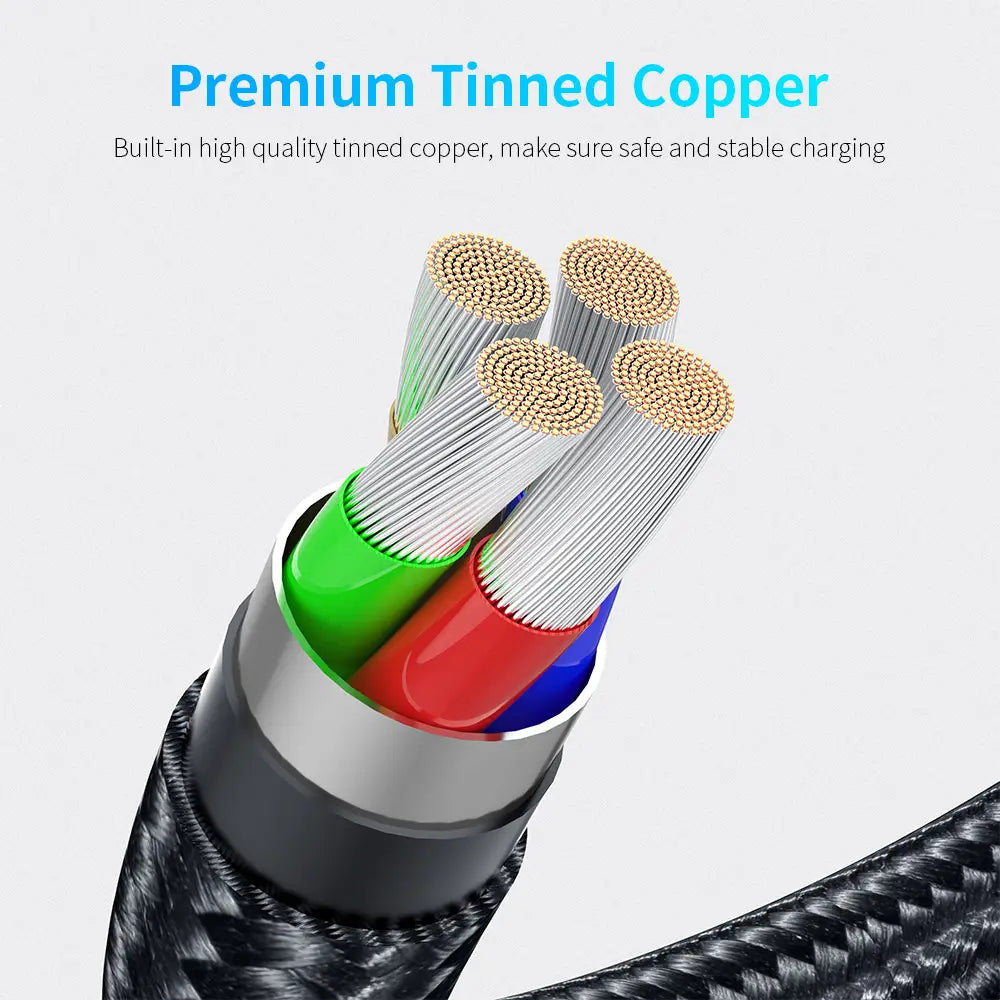 A close-up of a premium tinned copper 360 magnetic USB C cable with four color-coded insulated wires in green, red, blue, and silver and a black braided outer sheath designed for convenient charging of Apple iOS and Android micro devices.