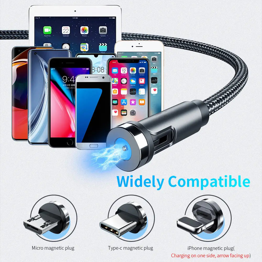 black braided 360 magnetic USB C cable with sleek metallic connector and three interchangeable plug ends for convenient charging of Apple iOS and android micro devices.