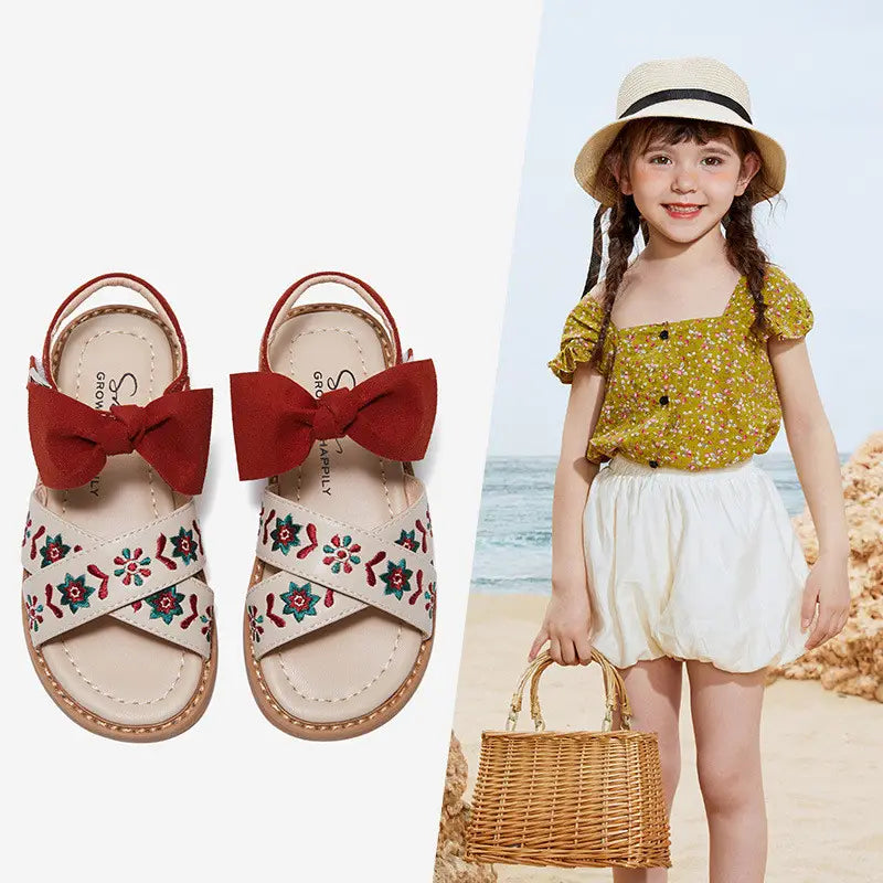 beige big children’s soft-soled sandals with red bows and embroidered floral design for baby children’s shoes