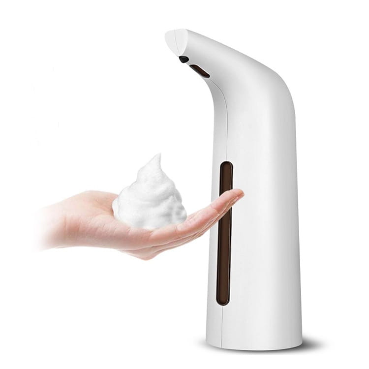 white sleek contact-free automatic soap dispenser with a minimalist design and dark brown accent strip featuring automatic induction technology