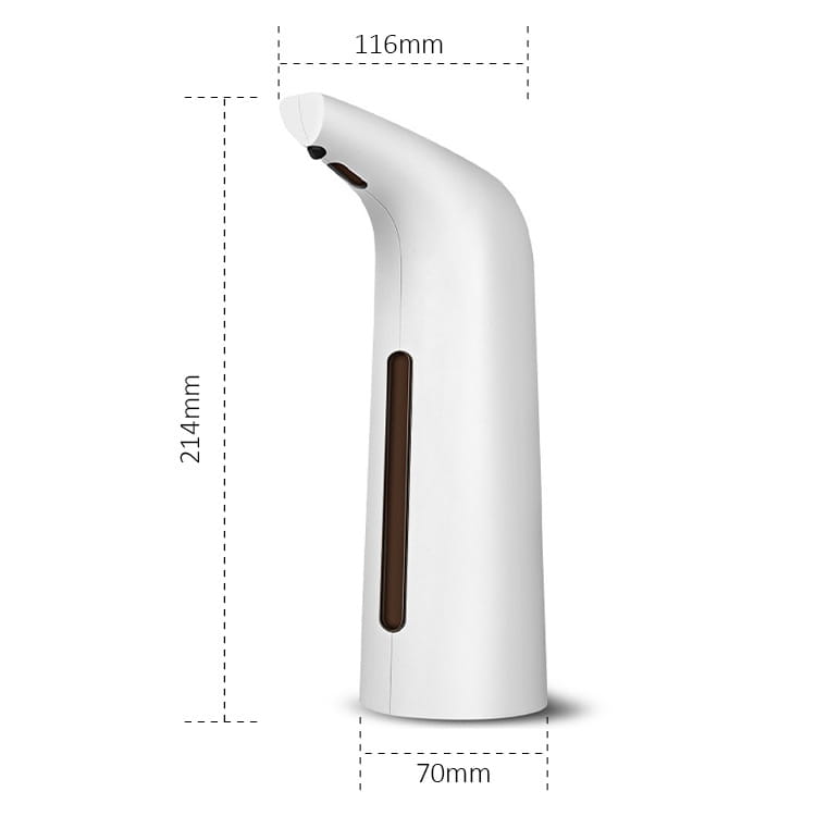 White sleek modern contact-free automatic induction soap dispenser with a matte finish and dark brown accent panel