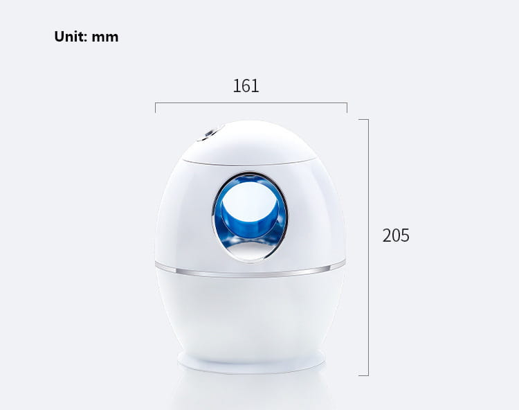 White egg-shaped aromatherapy humidifier usb with a blue illuminated circular display and silver accent band, usb rechargeable for home use.