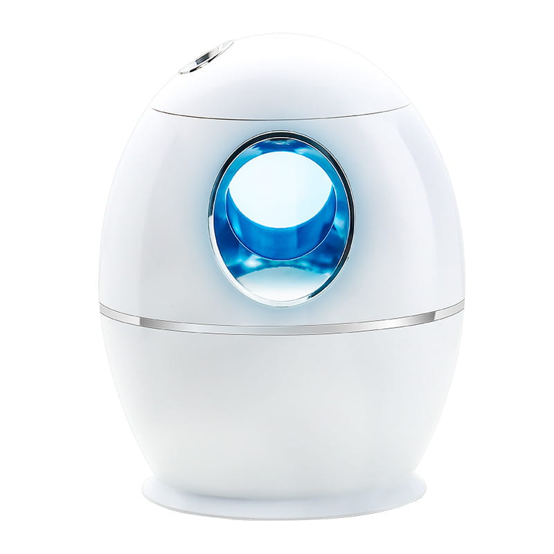 White egg aromatherapy humidifier usb rechargeable with led light device featuring a glowing blue circular panel for usb rechargeable home use.