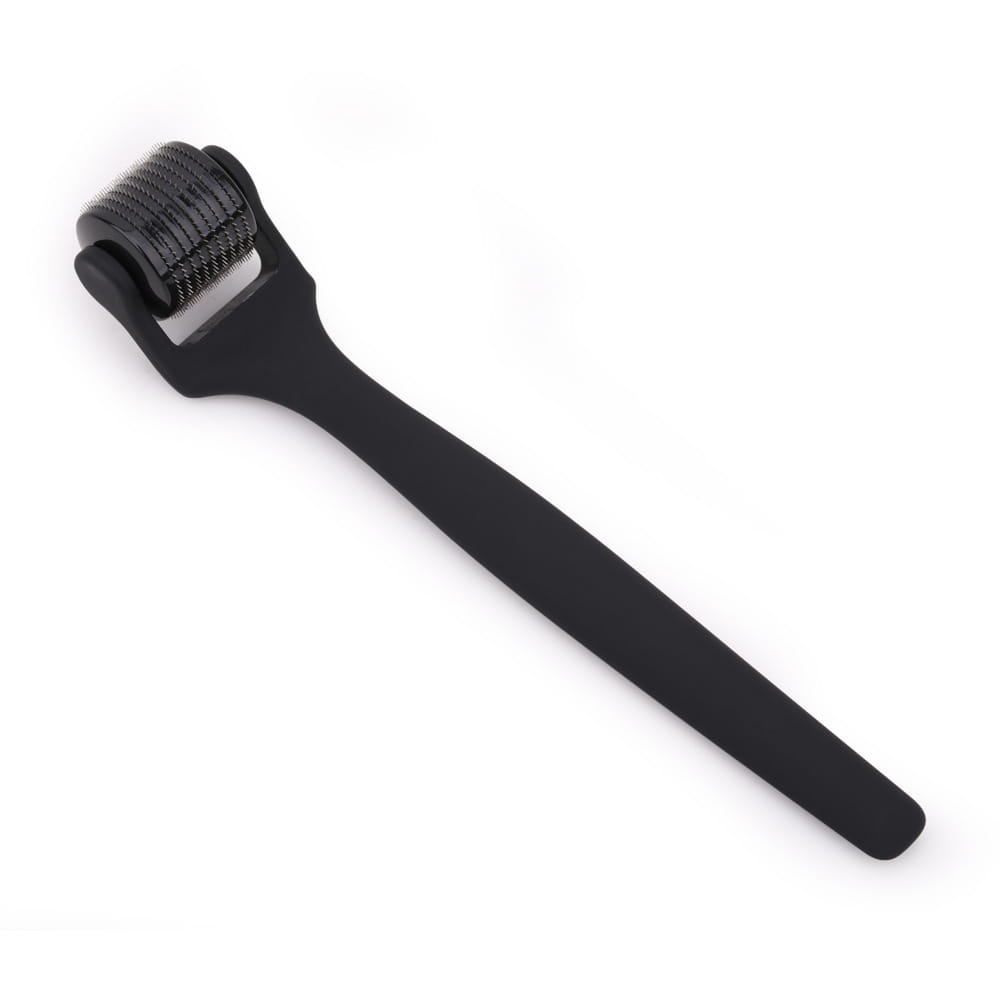 Matte black microneedle roller feel oil rubber handle with a sleek matte-finished handle and a cylindrical head featuring multiple fine metal needles.
