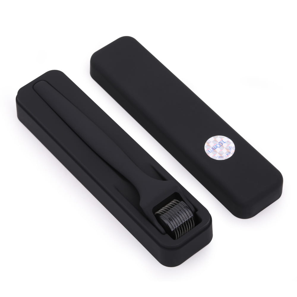 Matte black microneedle roller feel oil rubber handle with a textured metallic rolling head nestled in its matching black case.