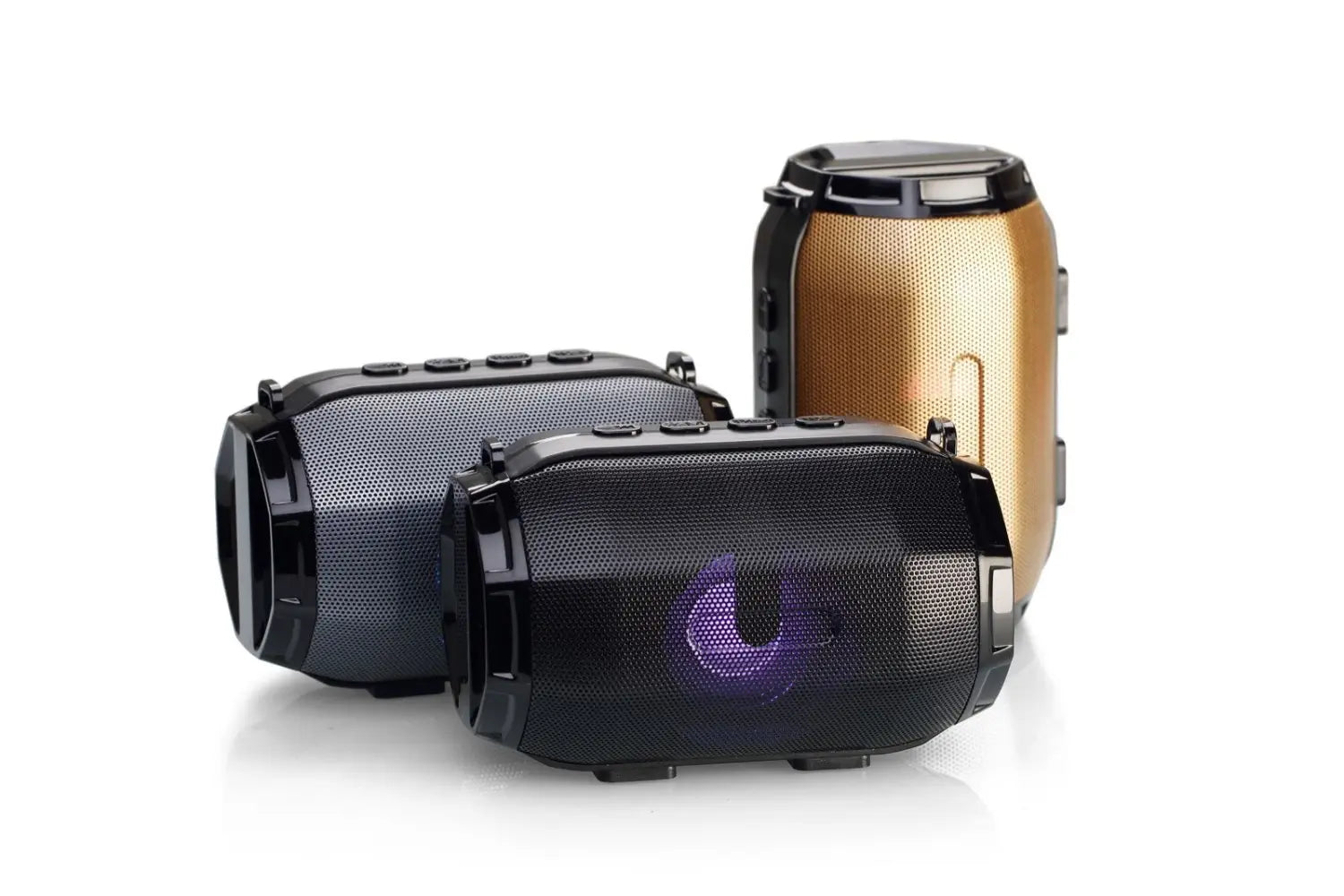 black and gold bluetooth speaker portable subwoofer with textured mesh grilles and led lighting for enhanced audio and visual experience