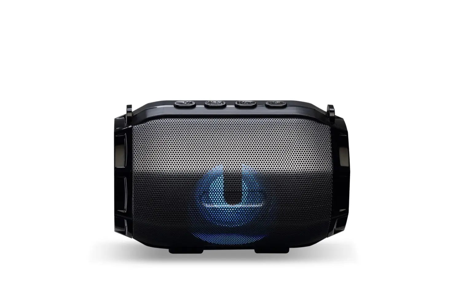 black and gold bluetooth speaker portable subwoofer with rugged design, blue led lighting, and perforated grille for enhanced audio performance