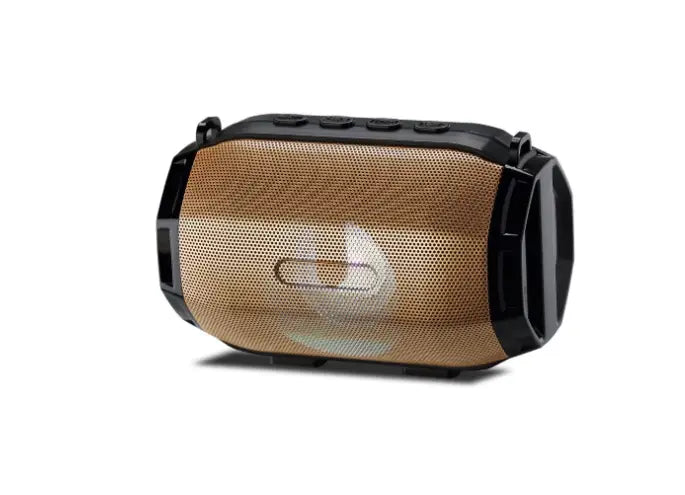 black and gold bluetooth speaker portable subwoofer with mesh grille rugged plastic casing and side mounted handles