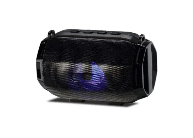 Black and gold bluetooth speaker portable subwoofer featuring a rugged black mesh grille and glowing blue led light