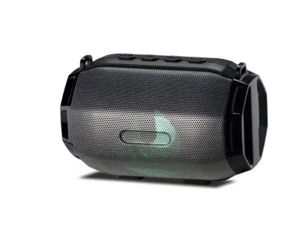 Black and gold bluetooth speaker portable subwoofer with a rugged black mesh grille and glowing green light.