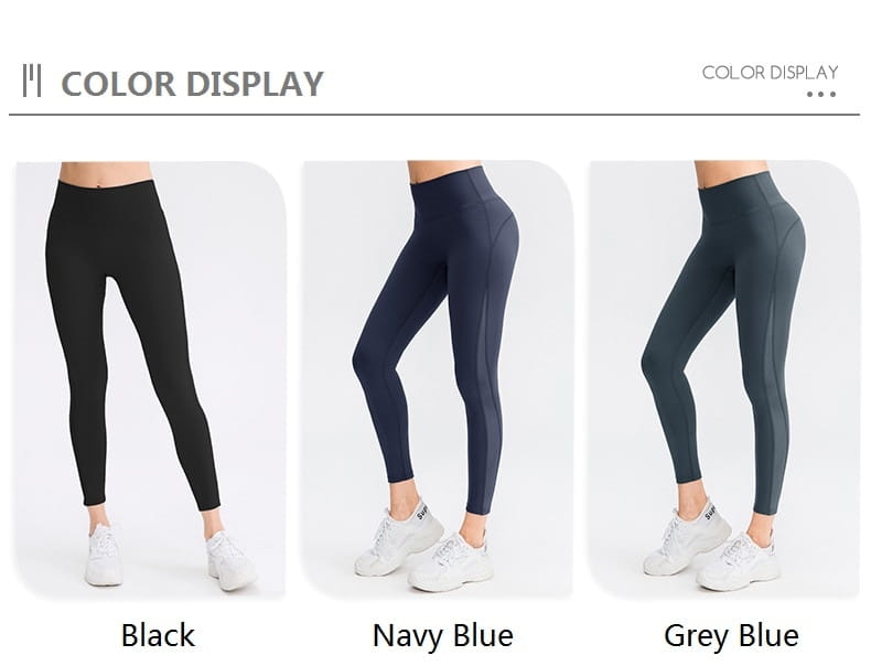 Light blue women seamless high waisted yoga pants in black, navy blue, and grey blue with a sleek, form-fitting design made from stretchy fabric ideal for butt lifting workout and lifting workout leggings.