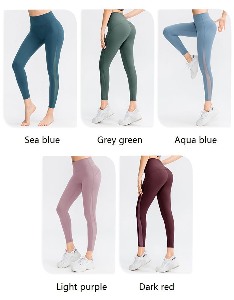 light blue women seamless high waisted yoga pants in sea blue grey green aqua blue light purple and dark red designed as lifting workout leggings with a butt lifting workout feature.