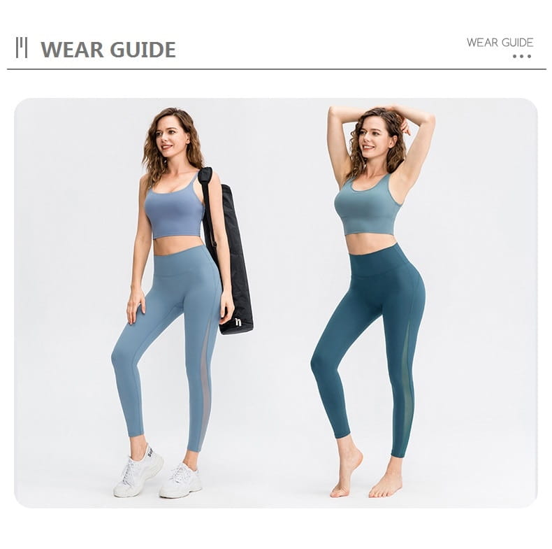 light blue women seamless high waisted yoga pants in a blue and teal two-piece set featuring mesh side panels designed for butt lifting workout and lifting workout leggings.