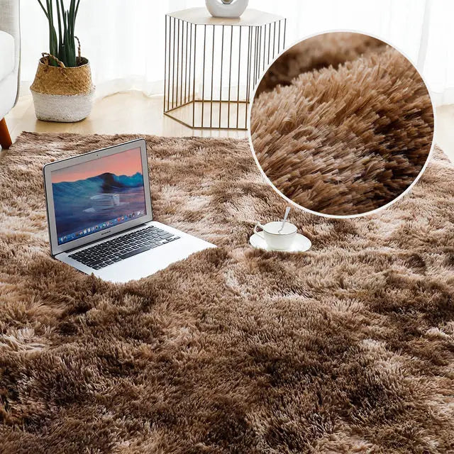 a plush shaggy brown living room plush rug with soft fluffy texture and long dense fibers suitable for room plush rug use