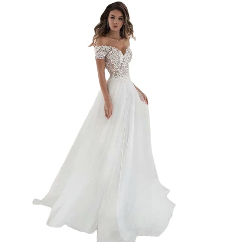 Elegant lace light wedding dress featuring a flowing white off-the-shoulder wedding gown design with intricate lace detailing on the bodice and a sheer layered skirt.