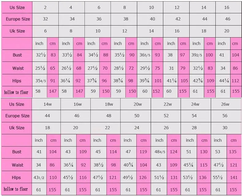 Pink and white size conversion chart for elegant lace light wedding dress displaying measurements for wedding dress fitting.