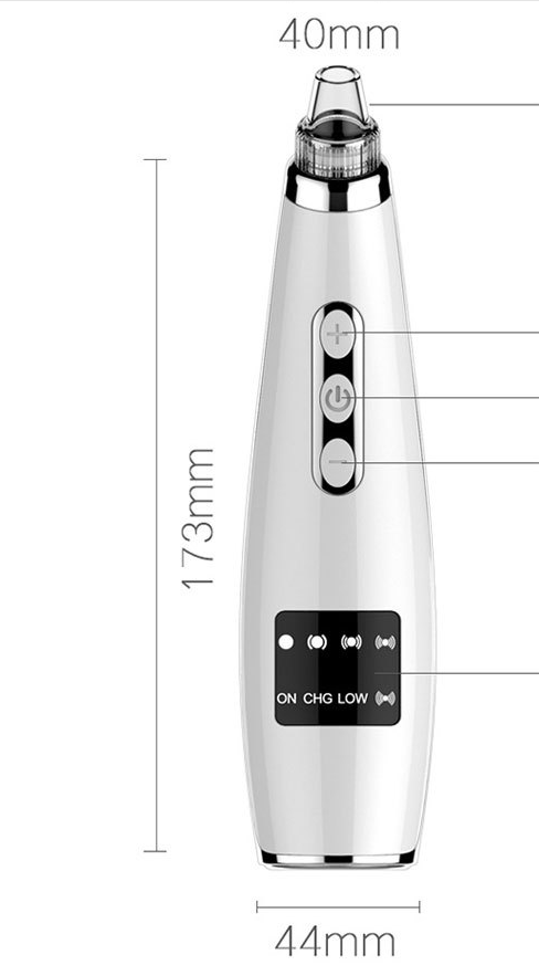 Silver and black electric black head suction instrument with a sleek ergonomic design featuring three control buttons and an led display panel.