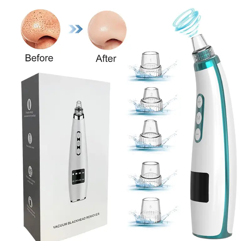 White and teal electric black head suction instrument with a sleek ergonomic design for effective black head suction.