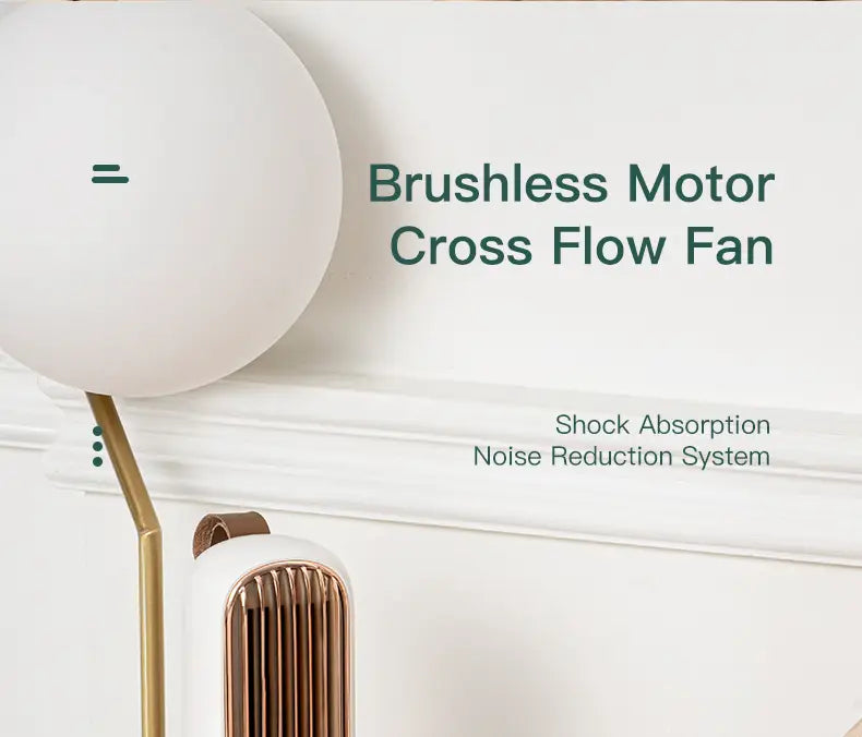 White and gold brushless motor cross flow fan in a sleek modern design for humidification tower fan and air cooling desktop use.