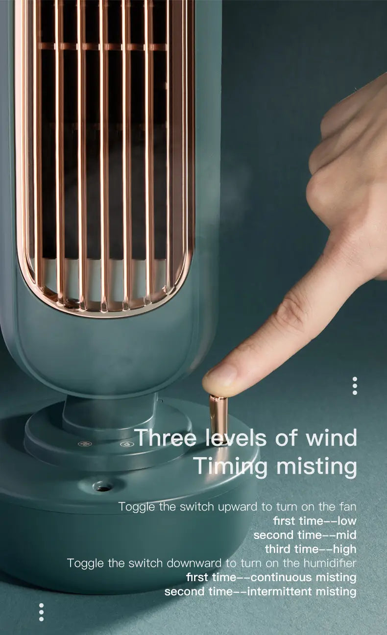 A sleek teal humidification tower fan with rose gold vertical slats and a matching control knob designed for personal air cooling.