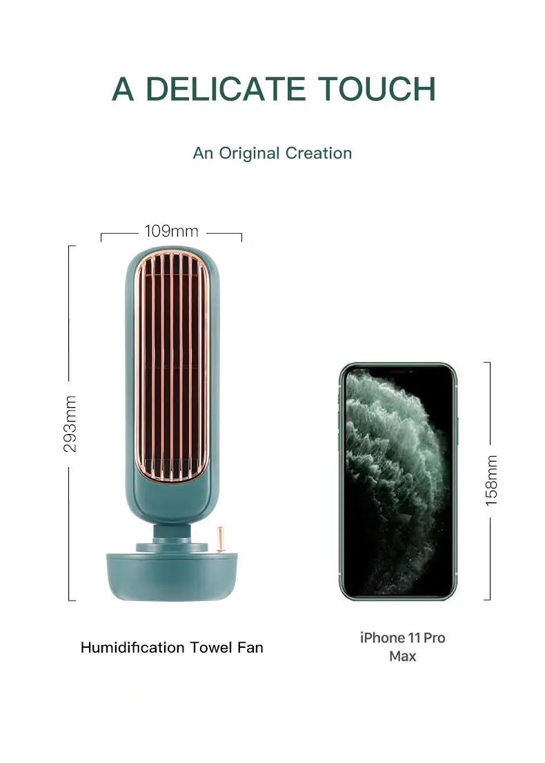 Teal and rose gold humidification tower fan with vertical slats designed for personal air cooling on a desktop.