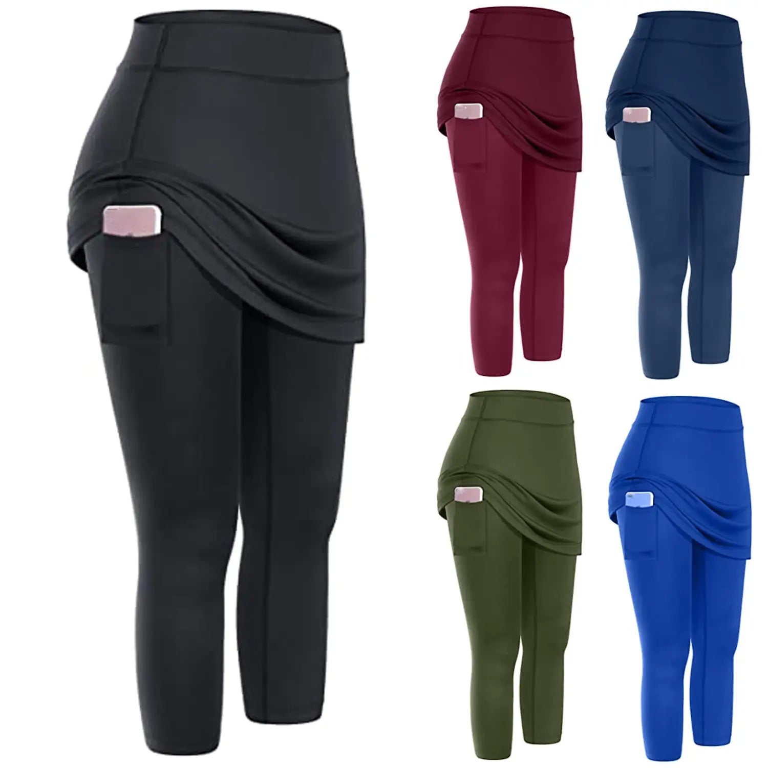 black high-waisted women tennis skirted leggings featuring a draped side panel and a phone pocket designed for comfort and convenience during athletic activities.