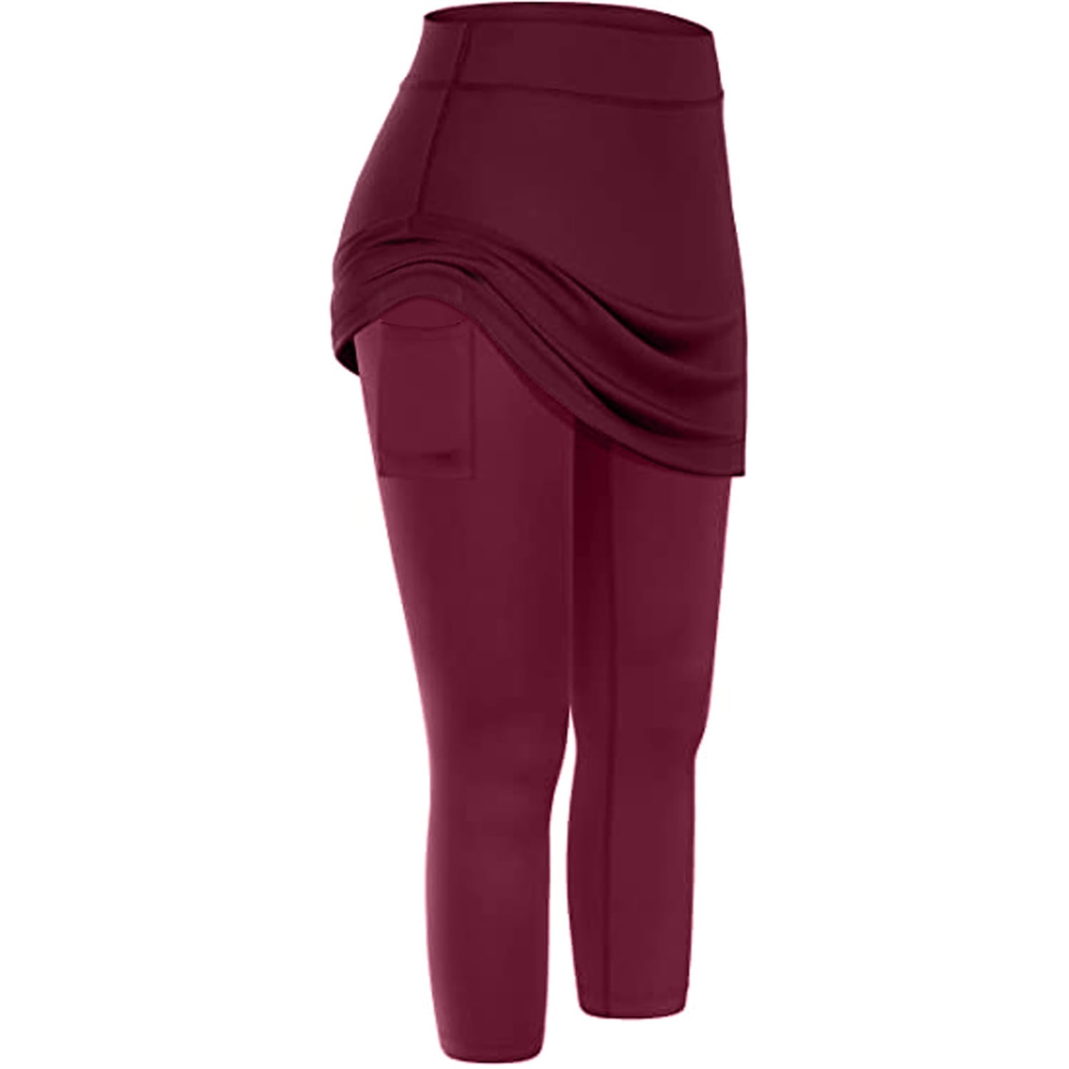 women tennis skirted maroon athletic leggings featuring a draped skirt overlay and side pocket for convenient storage